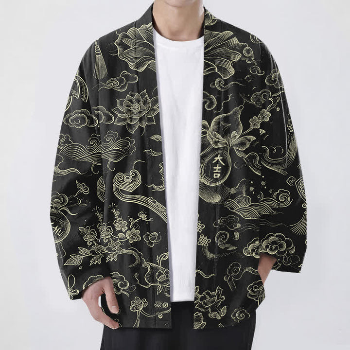 Buddha Stones Kimono de hombre de algodón con estampado de nubes de loto y frente abierto - Negro - US/UK/AU48, UE58 (4XL) - image 0
