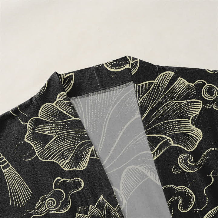 Buddha Stones Kimono de hombre de algodón con estampado de nubes de loto y frente abierto - image 3