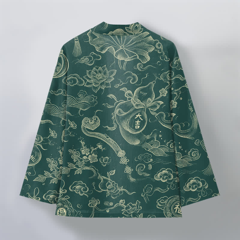 Buddha Stones Kimono de hombre de algodón con estampado de nubes de loto y frente abierto - image 8