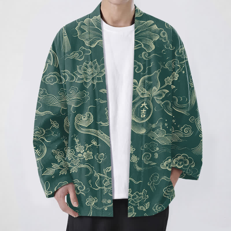 Buddha Stones Kimono de hombre de algodón con estampado de nubes de loto y frente abierto - Verdemar - US/UK/AU48, UE58 (4XL) - image 6