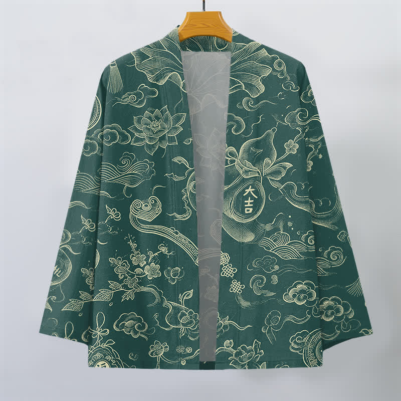 Buddha Stones Kimono de hombre de algodón con estampado de nubes de loto y frente abierto - image 7