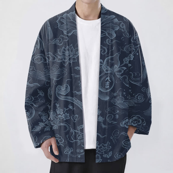 Buddha Stones Kimono de hombre de algodón con estampado de nubes de loto y frente abierto - Marina de guerra - US/UK/AU48, UE58 (4XL) - image 9
