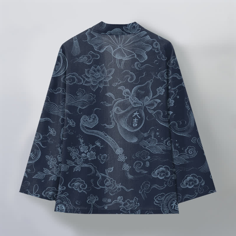 Buddha Stones Kimono de hombre de algodón con estampado de nubes de loto y frente abierto - image 11
