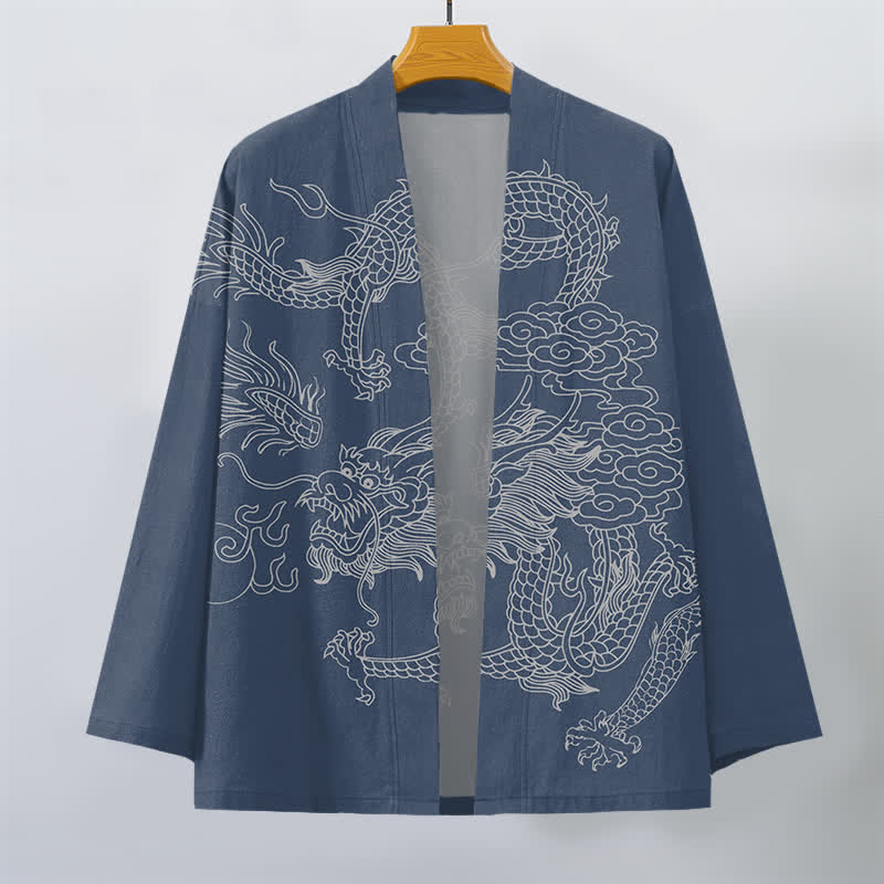 Buddha Stones Kimono de hombre de algodón blanco con estampado de dragón y nube, abertura frontal. - image 1