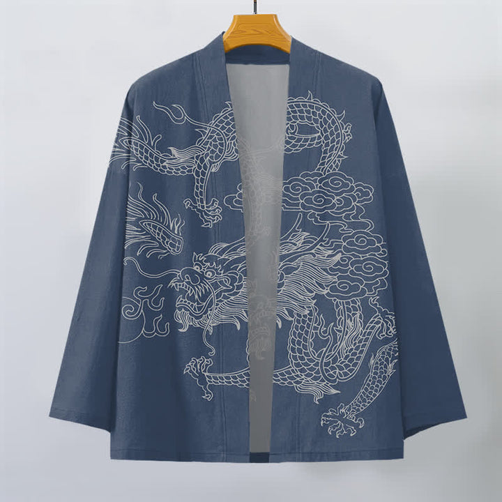 Buddha Stones Kimono de hombre de algodón blanco con estampado de dragón y nube, abertura frontal. - image 1