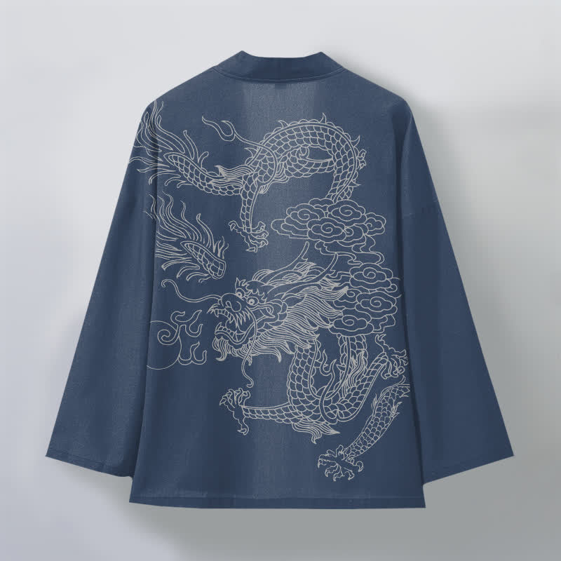 Buddha Stones Kimono de hombre de algodón blanco con estampado de dragón y nube, abertura frontal. - image 2