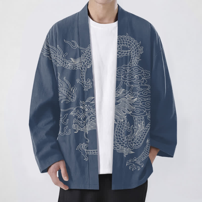 Buddha Stones Kimono de hombre de algodón blanco con estampado de dragón y nube, abertura frontal. - Azul acero - US/UK/AU48, UE58 (4XL) - image 0