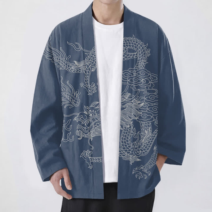 Buddha Stones Kimono de hombre de algodón blanco con estampado de dragón y nube, abertura frontal. - Azul acero - US/UK/AU48, UE58 (4XL) - image 0