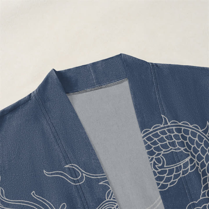 Buddha Stones Kimono de hombre de algodón blanco con estampado de dragón y nube, abertura frontal. - image 3