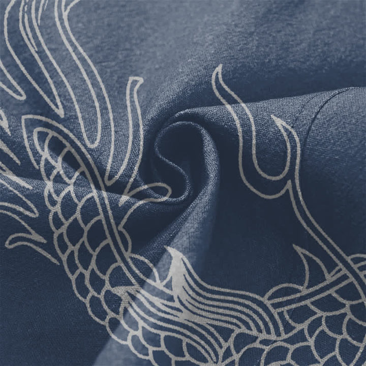 Buddha Stones Kimono de hombre de algodón blanco con estampado de dragón y nube, abertura frontal. - image 5