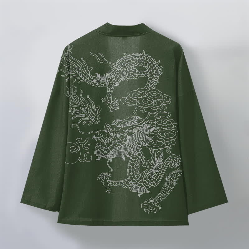 Buddha Stones Kimono de hombre de algodón blanco con estampado de dragón y nube, abertura frontal. - image 8