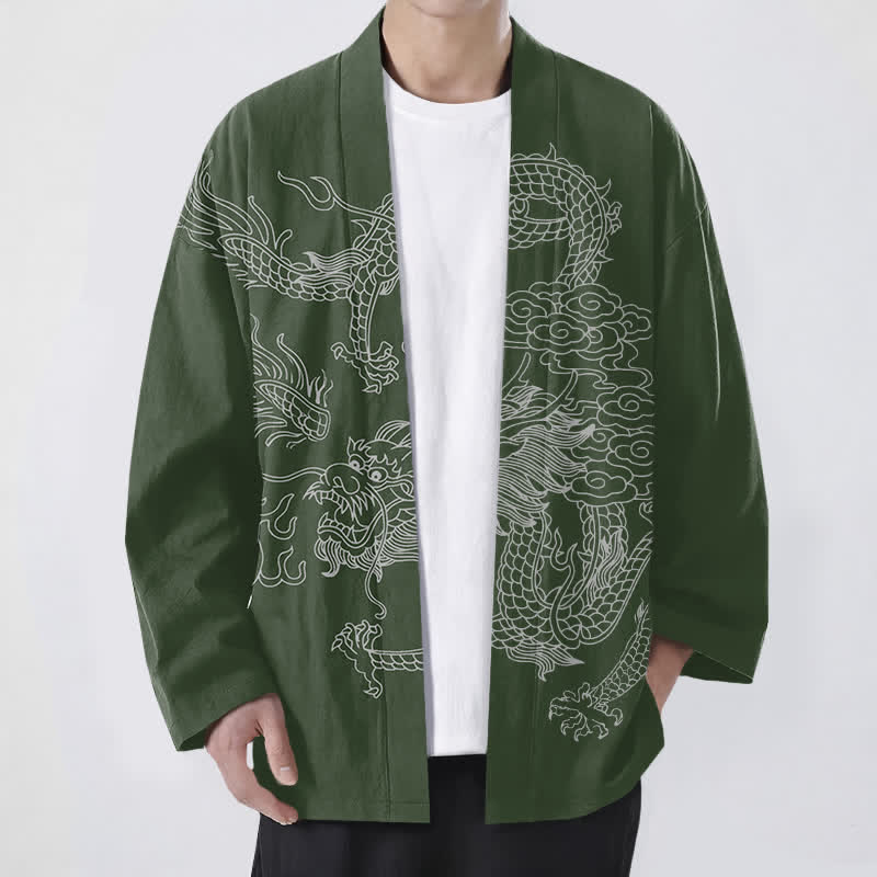 Buddha Stones Kimono de hombre de algodón blanco con estampado de dragón y nube, abertura frontal. - Verde oscuro - US/UK/AU48, UE58 (4XL) - image 6