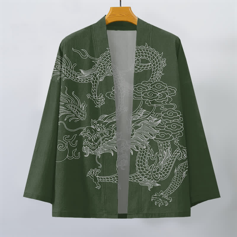 Buddha Stones Kimono de hombre de algodón blanco con estampado de dragón y nube, abertura frontal. - image 7