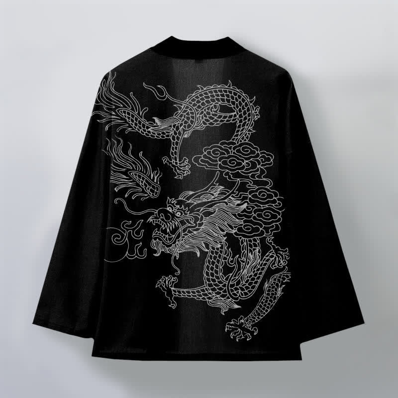 Buddha Stones Kimono de hombre de algodón blanco con estampado de dragón y nube, abertura frontal. - image 11