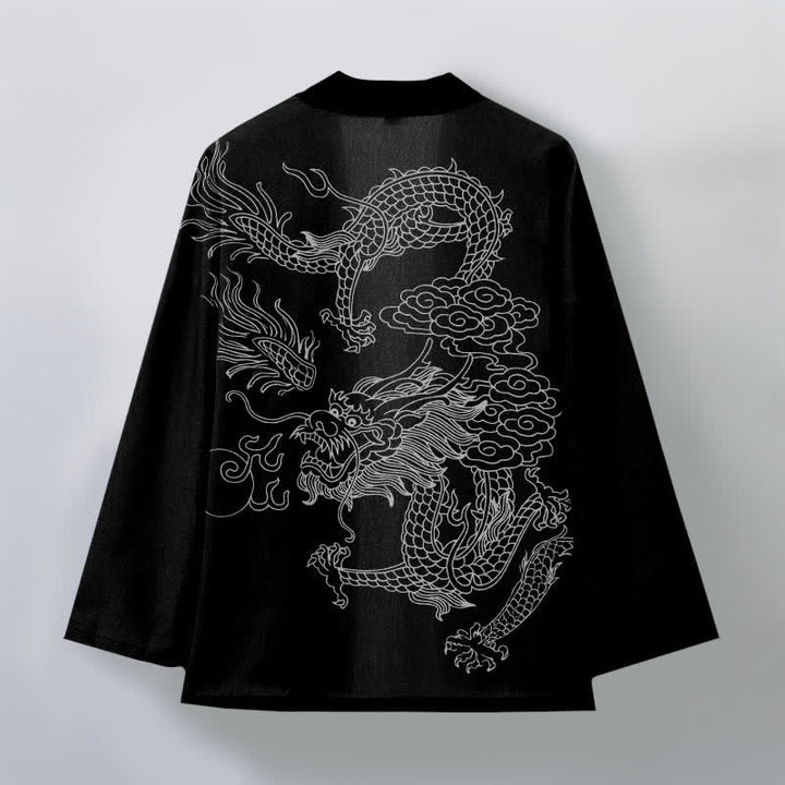 Buddha Stones Kimono de hombre de algodón blanco con estampado de dragón y nube, abertura frontal. - image 11