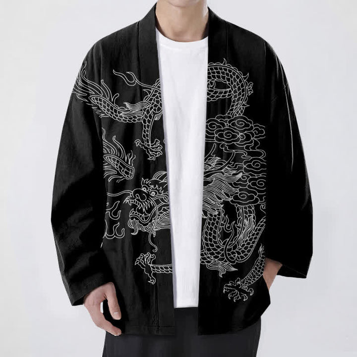 Buddha Stones Kimono de hombre de algodón blanco con estampado de dragón y nube, abertura frontal. - Negro - US/UK/AU48, UE58 (4XL) - image 9