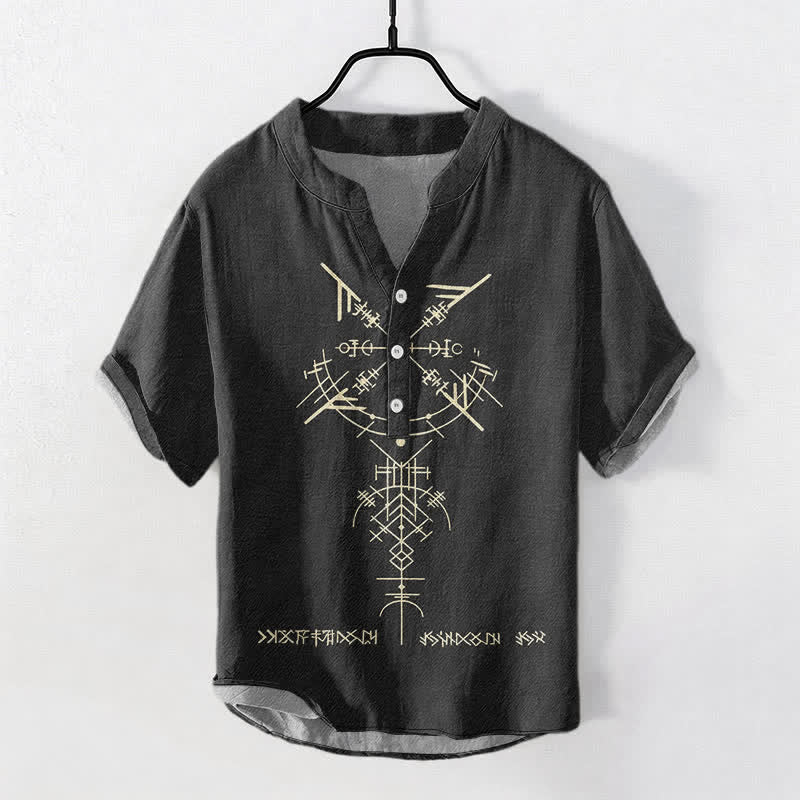 Buddha Stones Camisa de manga corta con medio botón y estampado geométrico tribal de runas para hombre, de algodón. - Negro - US/UK/AU50, EU60 (5XL) - image 5
