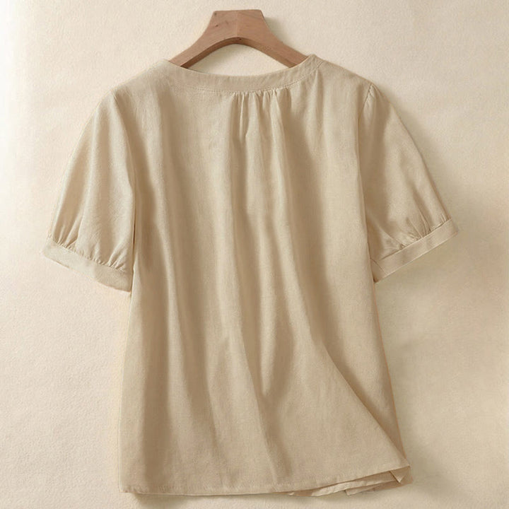 Camisa de lino de manga corta con cuello redondo y botones, estilo casual para mujer, con estampado de Buddha Stones. - image 1