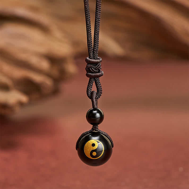 Buddha Stones Colgante de collar Yin Yang de purificación tallado en obsidiana negra - Patrón Yin Yang estampado en oro - 26,8 pulgadas / 68 cm - image 6