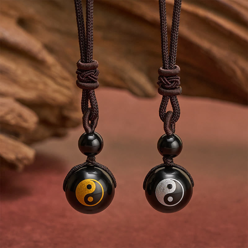 Buddha Stones Colgante de collar Yin Yang de purificación tallado en obsidiana negra - image 10