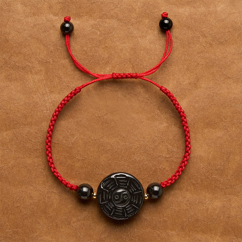 Buddha Stones Pulsera redonda de bendición Bagua de obsidiana negra con hilo rojo - Cordón rojo (circunferencia de la muñeca: 15-17 cm) - Aprox. 22 × 9 mm - image 1
