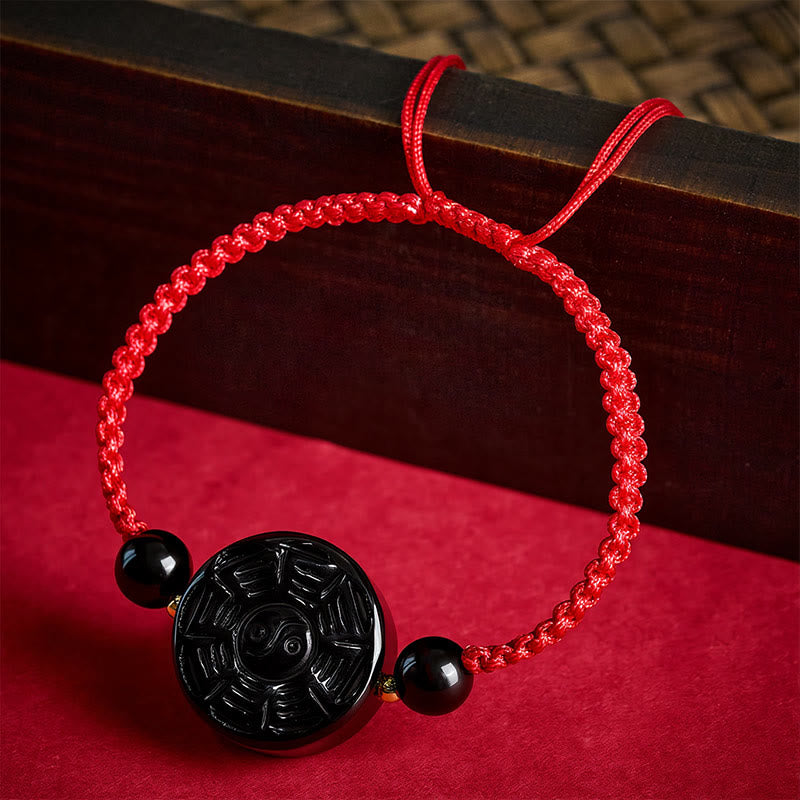 Buddha Stones Pulsera redonda de bendición Bagua de obsidiana negra con hilo rojo - image 1
