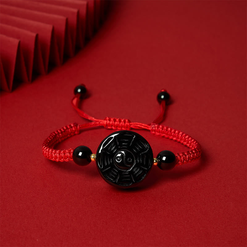Buddha Stones Pulsera redonda de bendición Bagua de obsidiana negra con hilo rojo - image 3