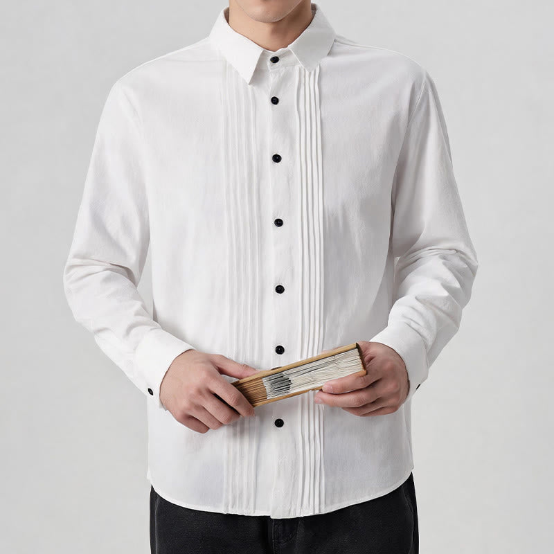 Buddha Stones Camisas de manga larga para hombre, estilo minimalista, con botones y pliegues, ideales para la primavera. - image 2