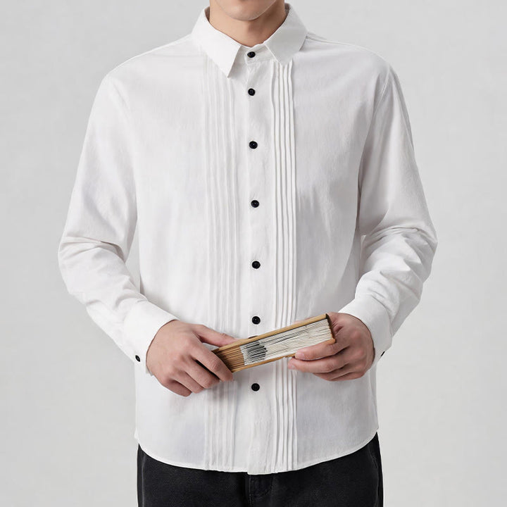 Buddha Stones Camisas de manga larga para hombre, estilo minimalista, con botones y pliegues, ideales para la primavera. - image 2