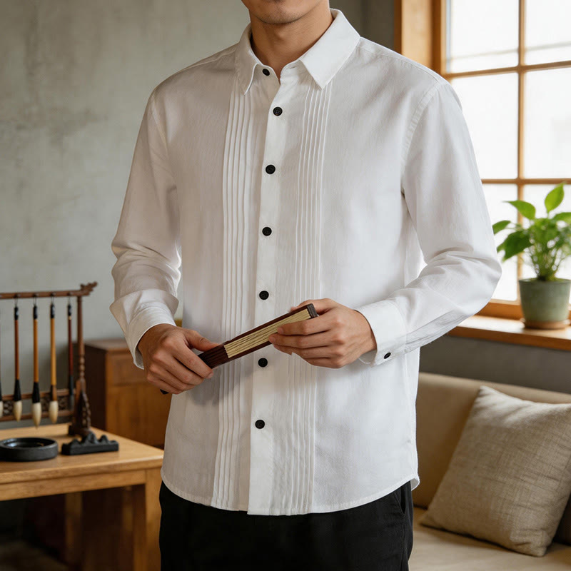 Buddha Stones Camisas de manga larga para hombre, estilo minimalista, con botones y pliegues, ideales para la primavera. - Blanco - US/UK/AU46, EU56 (5XL) - image 0