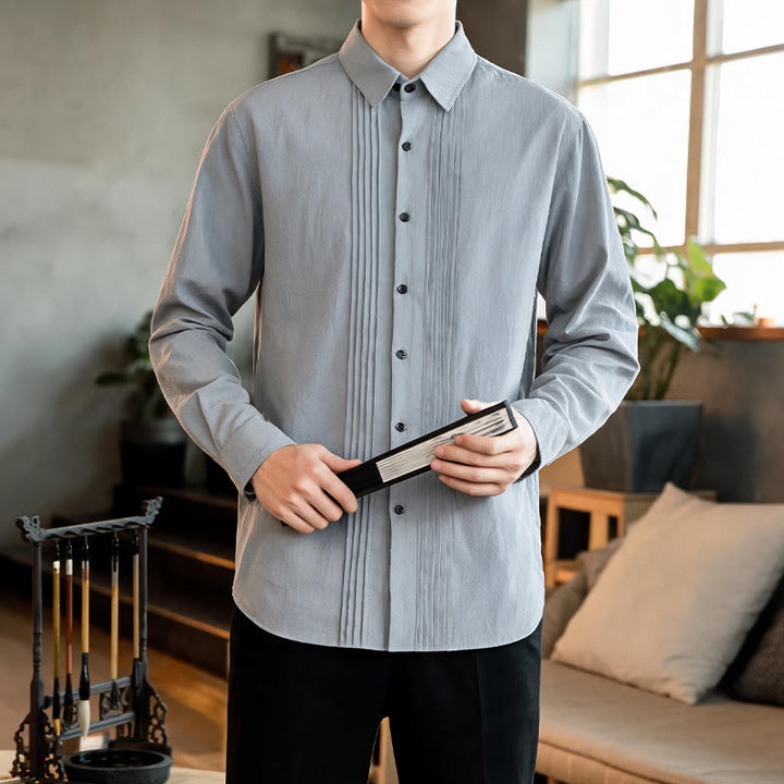 Buddha Stones Camisas de manga larga para hombre, estilo minimalista, con botones y pliegues, ideales para la primavera. - image 21