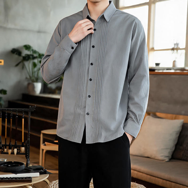 Buddha Stones Camisas de manga larga para hombre, estilo minimalista, con botones y pliegues, ideales para la primavera. - Gris claro - US/UK/AU46, EU56 (5XL) - image 20