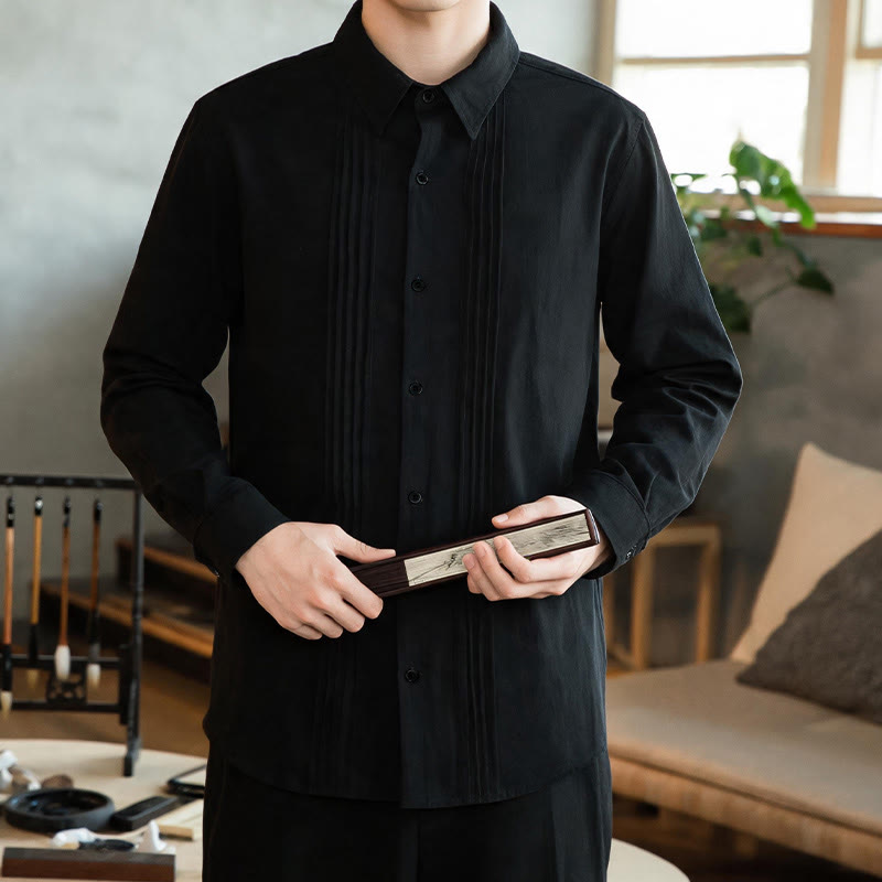 Buddha Stones Camisas de manga larga para hombre, estilo minimalista, con botones y pliegues, ideales para la primavera. - Negro - US/UK/AU46, EU56 (5XL) - image 7
