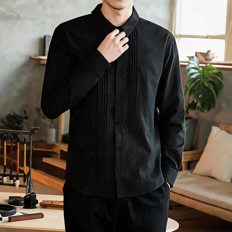 Buddha Stones Camisas de manga larga para hombre, estilo minimalista, con botones y pliegues, ideales para la primavera. - image 8