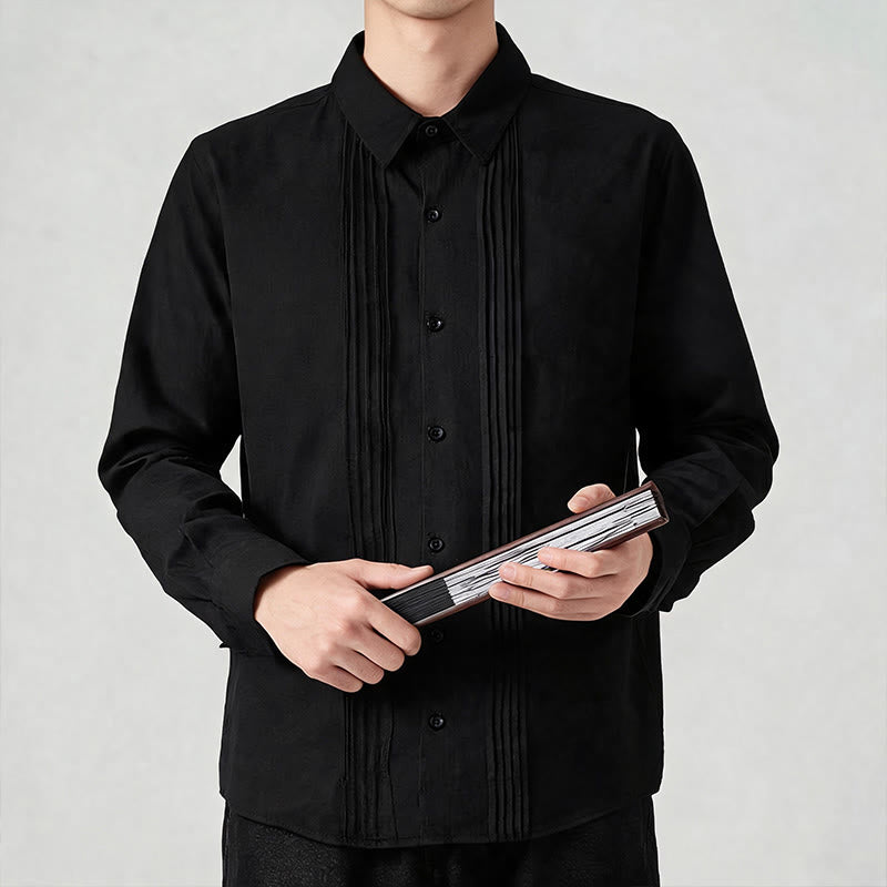 Buddha Stones Camisas de manga larga para hombre, estilo minimalista, con botones y pliegues, ideales para la primavera. - image 9