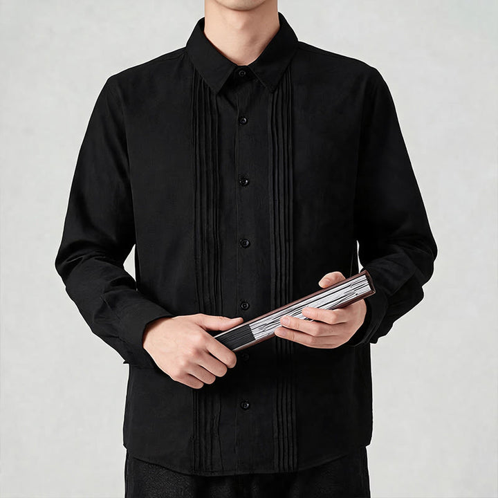 Buddha Stones Camisas de manga larga para hombre, estilo minimalista, con botones y pliegues, ideales para la primavera. - image 9