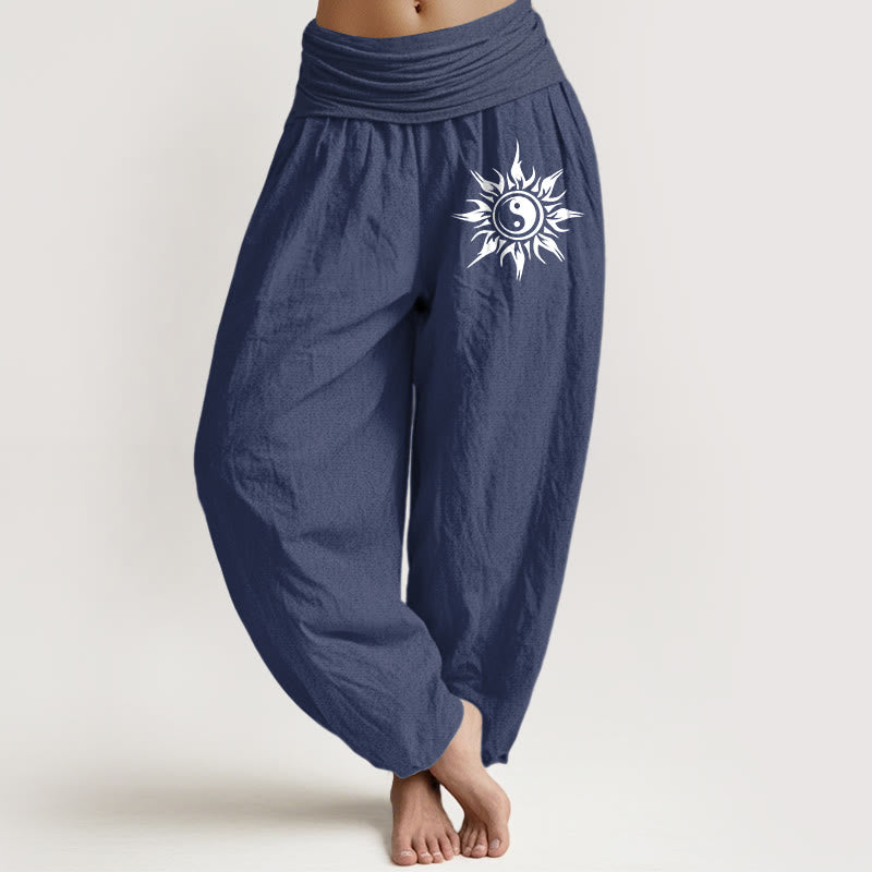 Buddha Stones Pantalones harem de algodón puro con estampado de sol y yin para mujer con cintura elástica. - Azul pizarra oscuro - US16，UK/AU20，EU48 (3XL) - image 5