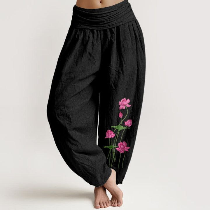 Buddha Stones Pantalones harem de algodón puro con estampado floral rosa y loto para mujer, con cintura elástica. - Negro - US16，UK/AU20，EU48 (3XL) - image 0