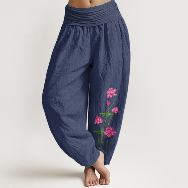 Buddha Stones Pantalones harem de algodón puro con estampado floral rosa y loto para mujer, con cintura elástica. - Azul pizarra oscuro - US16，UK/AU20，EU48 (3XL) - image 5