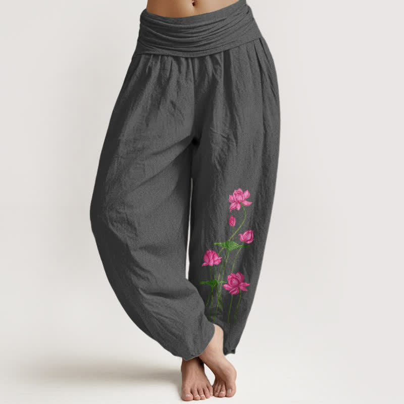 Buddha Stones Pantalones harem de algodón puro con estampado floral rosa y loto para mujer, con cintura elástica. - Gris oscuro - US16，UK/AU20，EU48 (3XL) - image 8
