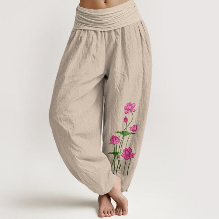 Buddha Stones Pantalones harem de algodón puro con estampado floral rosa y loto para mujer, con cintura elástica. - Broncearse - US16，UK/AU20，EU48 (3XL) - image 11