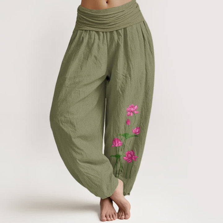 Buddha Stones Pantalones harem de algodón puro con estampado floral rosa y loto para mujer, con cintura elástica. - Verde oliva - US16，UK/AU20，EU48 (3XL) - image 14