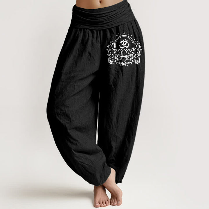 Buddha Stones Pantalones harem de mujer con cintura elástica y estampado de loto sagrado Om, de algodón puro. - Negro - US16，UK/AU20，EU48 (3XL) - image 0