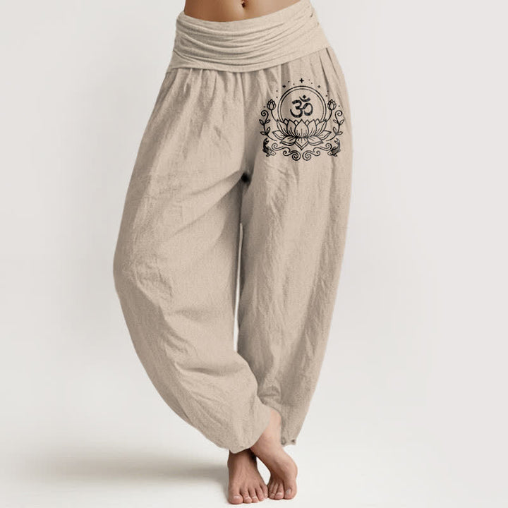 Buddha Stones Pantalones harem de mujer con cintura elástica y estampado de loto sagrado Om, de algodón puro. - Broncearse - US16，UK/AU20，EU48 (3XL) - image 11