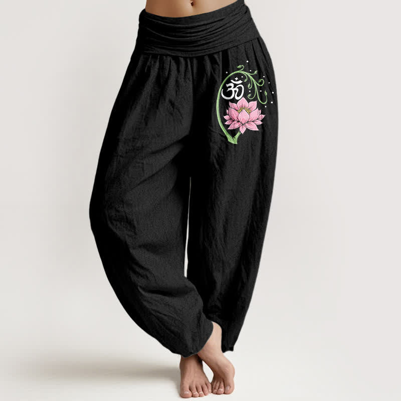 Buddha Stones Pantalones harem de mujer con cintura elástica y estampado de enredadera de loto de algodón puro. - Negro - US16，UK/AU20，EU48 (3XL) - image 0