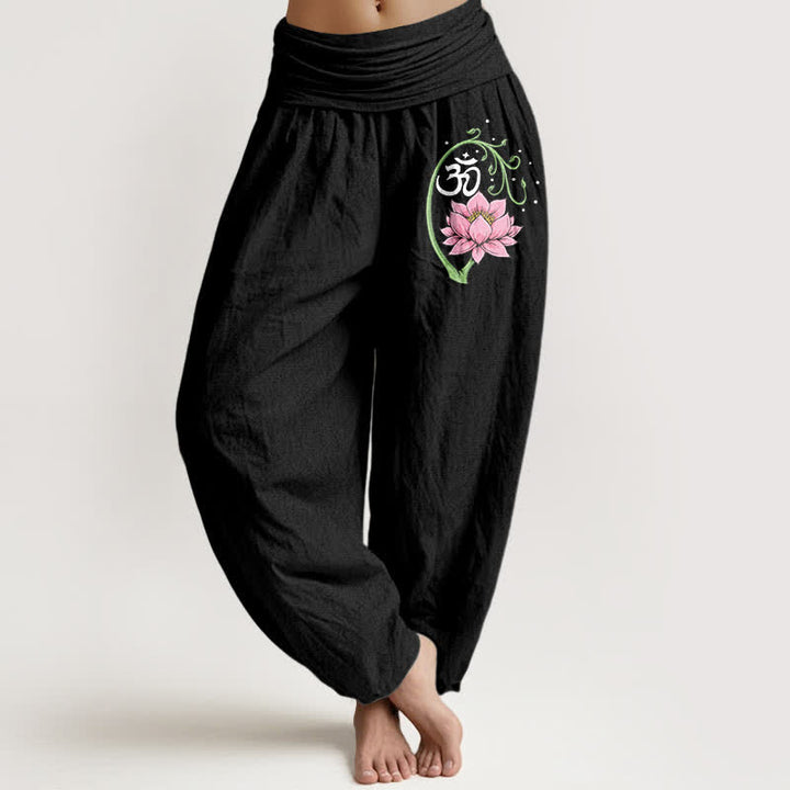 Buddha Stones Pantalones harem de mujer con cintura elástica y estampado de enredadera de loto de algodón puro. - Negro - US16，UK/AU20，EU48 (3XL) - image 0