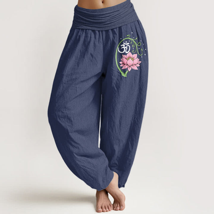 Buddha Stones Pantalones harem de mujer con cintura elástica y estampado de enredadera de loto de algodón puro. - Azul pizarra oscuro - US16，UK/AU20，EU48 (3XL) - image 5