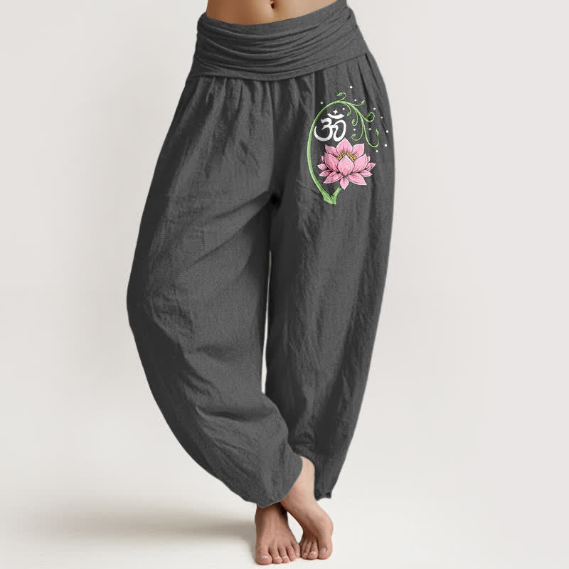 Buddha Stones Pantalones harem de mujer con cintura elástica y estampado de enredadera de loto de algodón puro. - Gris oscuro - US16，UK/AU20，EU48 (3XL) - image 8