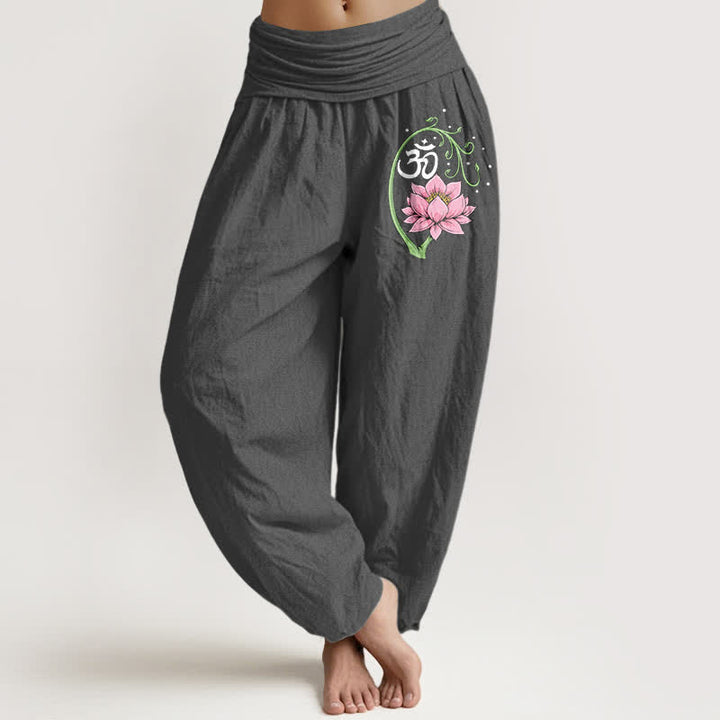 Buddha Stones Pantalones harem de mujer con cintura elástica y estampado de enredadera de loto de algodón puro. - Gris oscuro - US16，UK/AU20，EU48 (3XL) - image 8