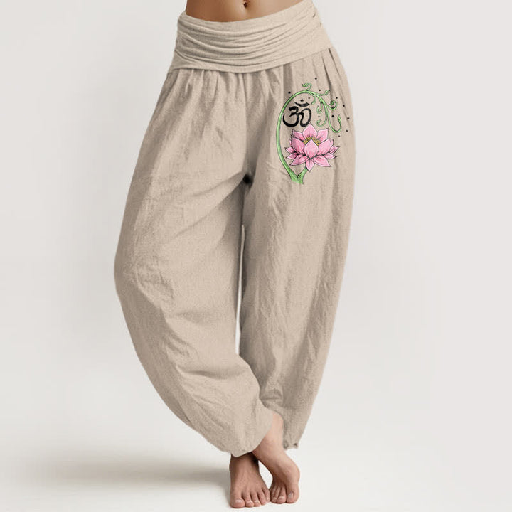 Buddha Stones Pantalones harem de mujer con cintura elástica y estampado de enredadera de loto de algodón puro. - Broncearse - US16，UK/AU20，EU48 (3XL) - image 11